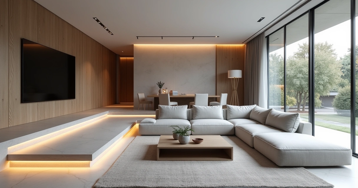 Sala rebaixada moderna minimalista com iluminação suave