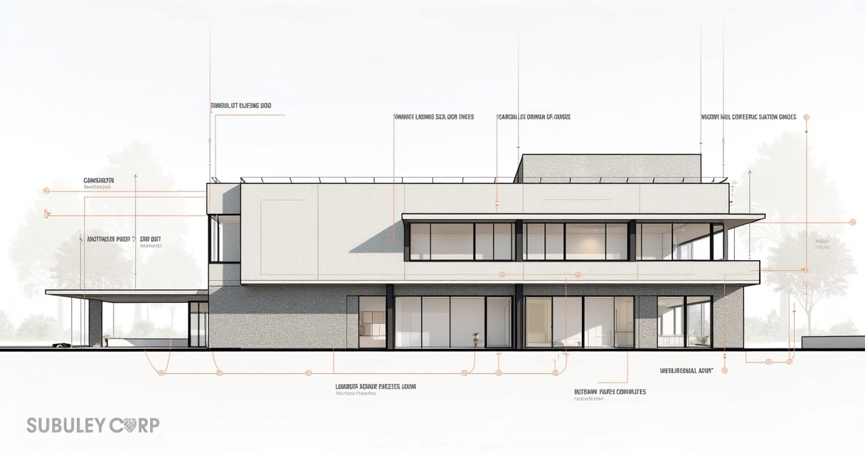Elevação de fachada com detalhes construtivos